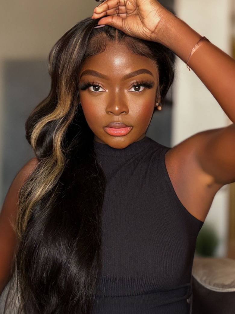 Put On And Go 6x4.5 Pre-Cut Lace Black With Blonde Highlights Body Wave Wig 150% Density