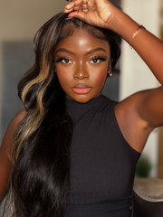 Put On And Go 6x4.5 Pre-Cut Lace Black With Blonde Highlights Body Wave Wig 150% Density