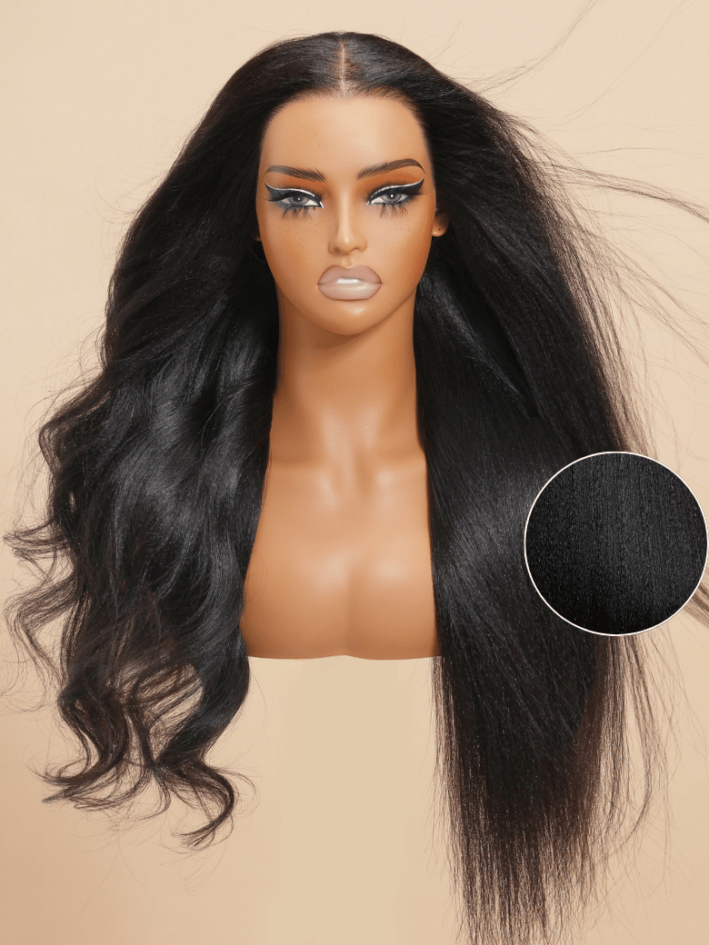 [18"=$89] 6x4.5 Put On & Go Glueless Lace Black Yaki Wig With Bleached Knots