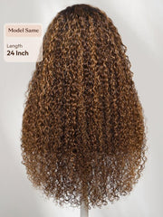 13x4 Bye Bye Slip? Lace Frontal Brown with Caramel Highlights Glueless Curly Wig with Dark Roots