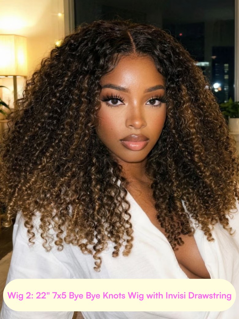 [24"=$99��22''=$89] 13x4 Pre-Everything Lace Frontal Black Fluffy Natural Loose Wave Curtain Bangs Wig & 7x5 Lace Balayage Highlight Curly Wig