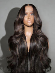 13x4 Pre-Everything? Lace Frontal Brown With Caramel Highlights Yaki Loose Wave Drawstring Wig
