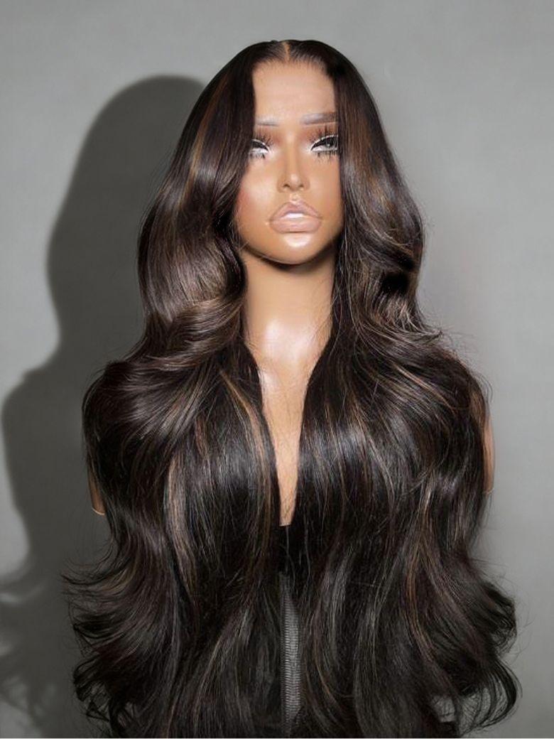 13x4 Pre-Everything? Lace Frontal Brown With Caramel Highlights Yaki Loose Wave Drawstring Wig