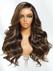 7x5 Bye Bye Slip? Lace Brown with Golden Brown Highlights Glueless Body Wave Drawstring Wig with Side Part Bangs