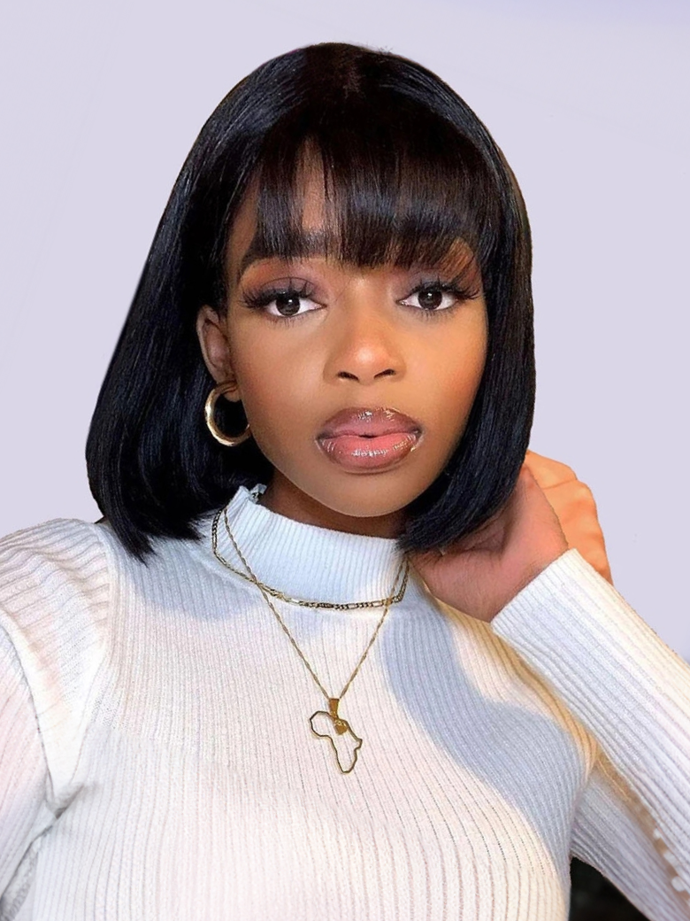 Short Bob Wig With Bang Black Wig Machine Made Straight Hair Wig
