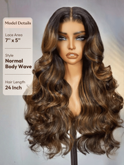 7x5 Bye Bye Knots? Wig Glueless Lace Balayage Highlight Body Wave Drawstring & Curtain Bangs Wig