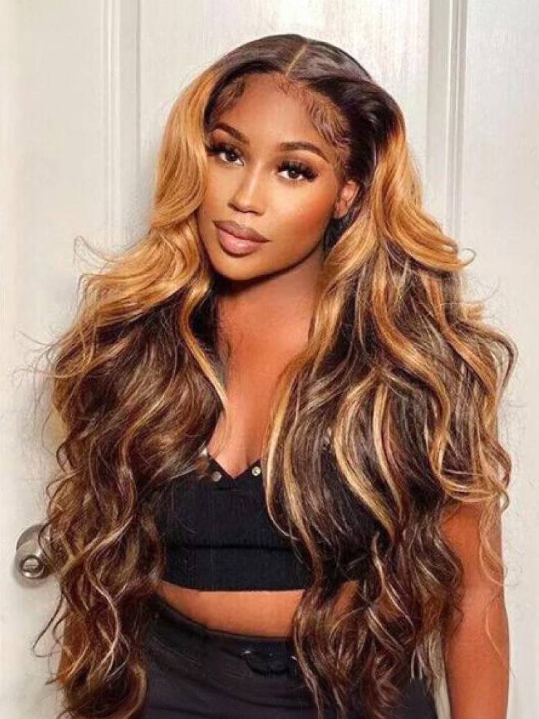 [20"=$93] Honey Blonde Ombre Highlight Body Wave Glueless U Part Wig 150% Density