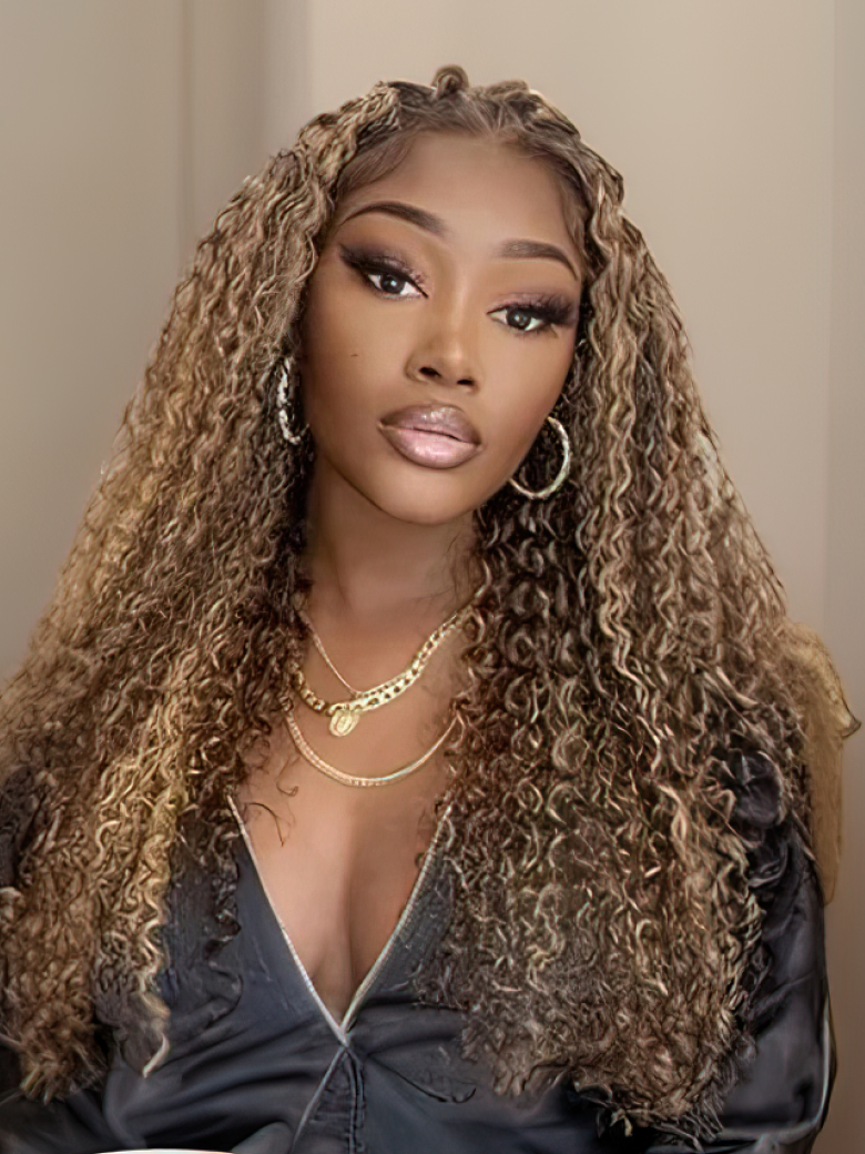 Honey Blonde Money Piece Highlight 13x4 Lace Front Curly Human Hair Wigs