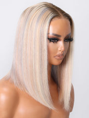 Put On And Go Wig 6x4.5 Glueless Lace Glossy Blonde With Silver Highlight Bob Wig