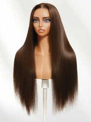 4x4 Pre-Cut Lace Chocolate Brown Yaki Straight Bye Bye Knots Glueless With Drawstring Wig