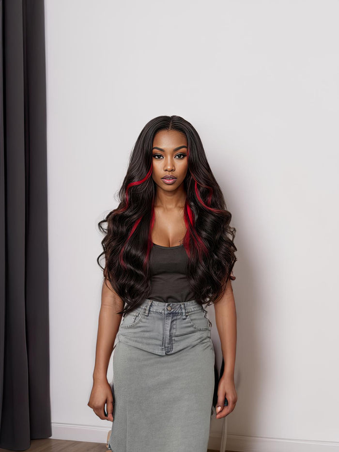 Petaluxe 13x4 Lace Front Black Hair With Red Streaks Loose Wave Wig