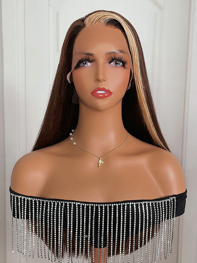 Brunette with Blonde Highlight Streaks 13x4 Lace Front Bone Straight Wig