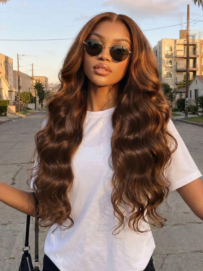 Petaluxe 7x5 Bye Bye Slip? Lace Auburn Brown with Copper Highlights Body Wave Drawstring Wig