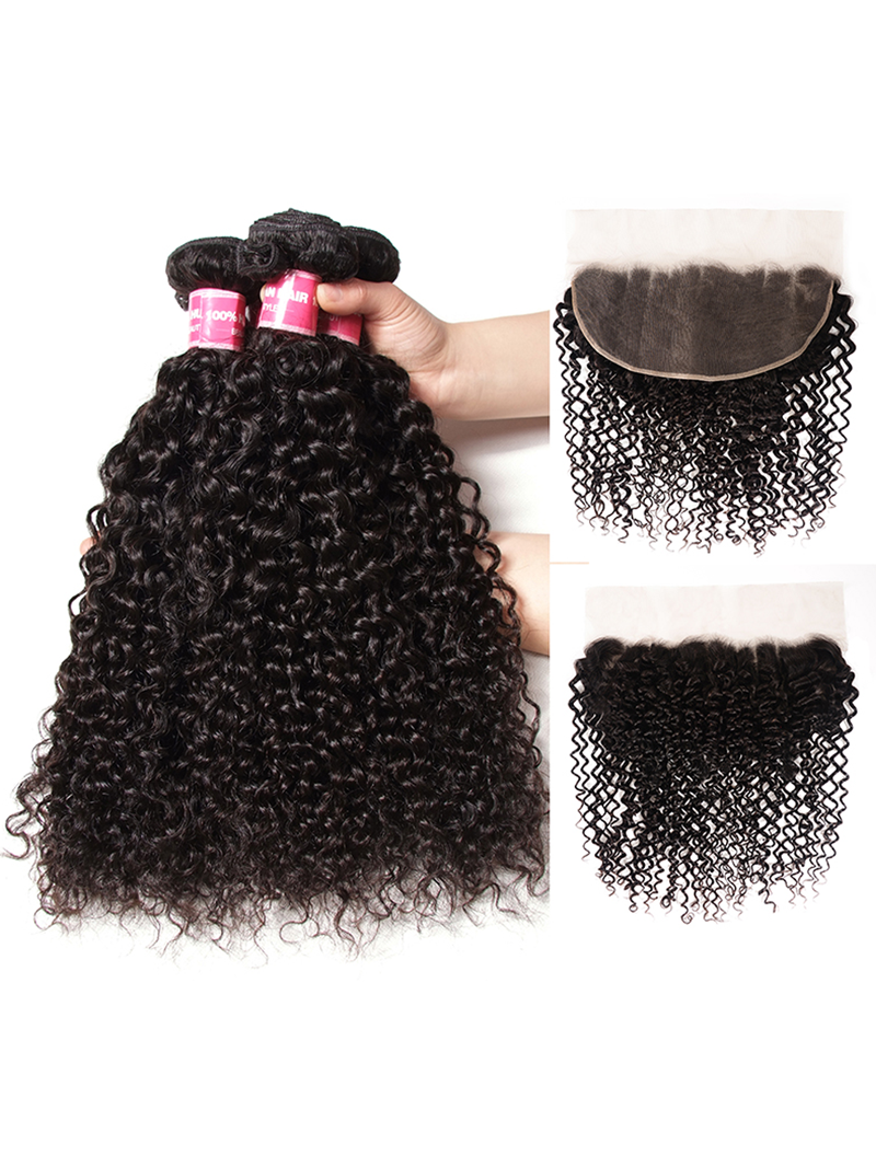 Hair 3 pcs Jerry Curly Bundles With 13x4 Lace Frontal