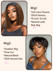$99=2 Wigs | 16" Lace Part Kinky Curly Wig and 10" Bob Wig with Bang