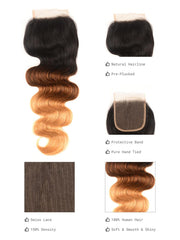 Free Part 4x4 Lace Closure 1PC T1B/4/27 Ombre Body Weave Hair