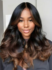 13x4 Pre-Everything? Lace Frontal Coffee Brown Loose Wave Glueless Drawstring Wig with Layered Curtain Bangs