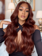 7x5 Byebye Knots Lace Reddish Brown Body Wave Bleached Knots Blend Seamless Wig