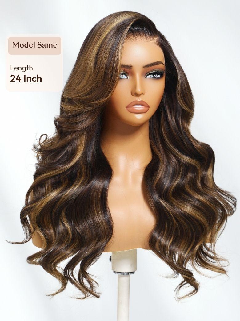 7x5 Bye Bye Slip? Lace Brown with Golden Brown Highlights Glueless Body Wave Drawstring Wig with Side Part Bangs