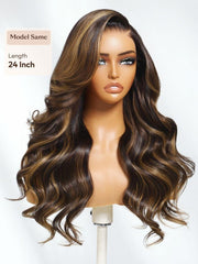 7x5 Bye Bye Slip? Lace Brown with Golden Brown Highlights Glueless Body Wave Drawstring Wig with Side Part Bangs