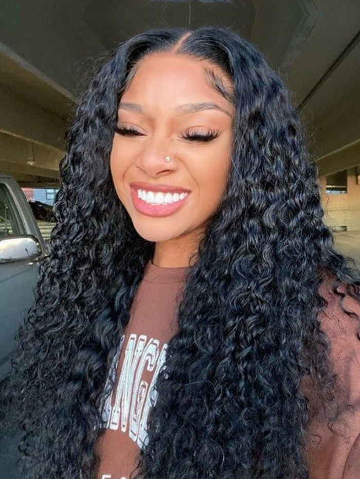 Petaluxe Bleached Knots Air Wig Petaluxe 6x4.5 Pre Cut Lace 150% Density Put On And Go Black Water Wave Air Wig Breathable 3D Cap