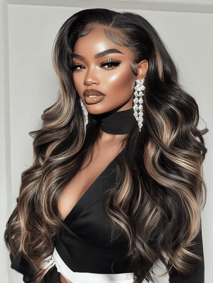 Petaluxe 7x5 Bye-Bye Knots Lace Wig Loose Wave Butterscotch Highlights Brown Wig 150% Density