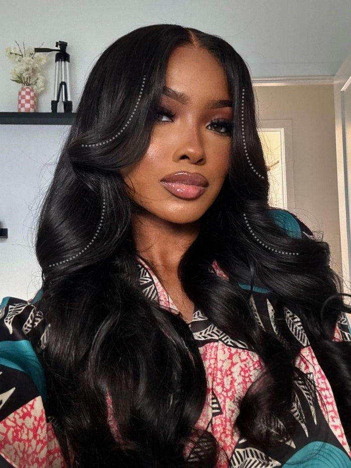 Petaluxe HD Real Scalp? Wig 13x4 Invisible Lace Frontal Body Wave Black Wig & Face Framing Curtain Bangs Wig With Invisi Drawstring