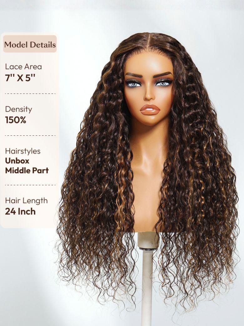Bye-Bye Knots? 7x5 Lace Dark Toffee Brown with Auburn Highlights Water Wave Wig with Invisi Drawstring