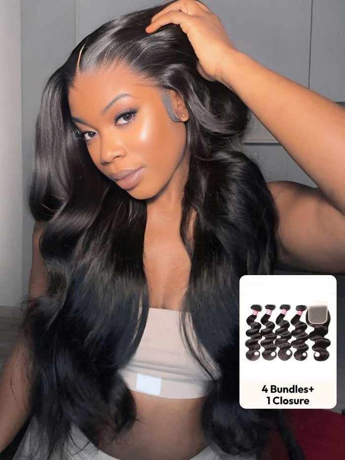 Petaluxe 4Pcs Brazilian Hair Body Wave Bundles With Transparent Lace Closure