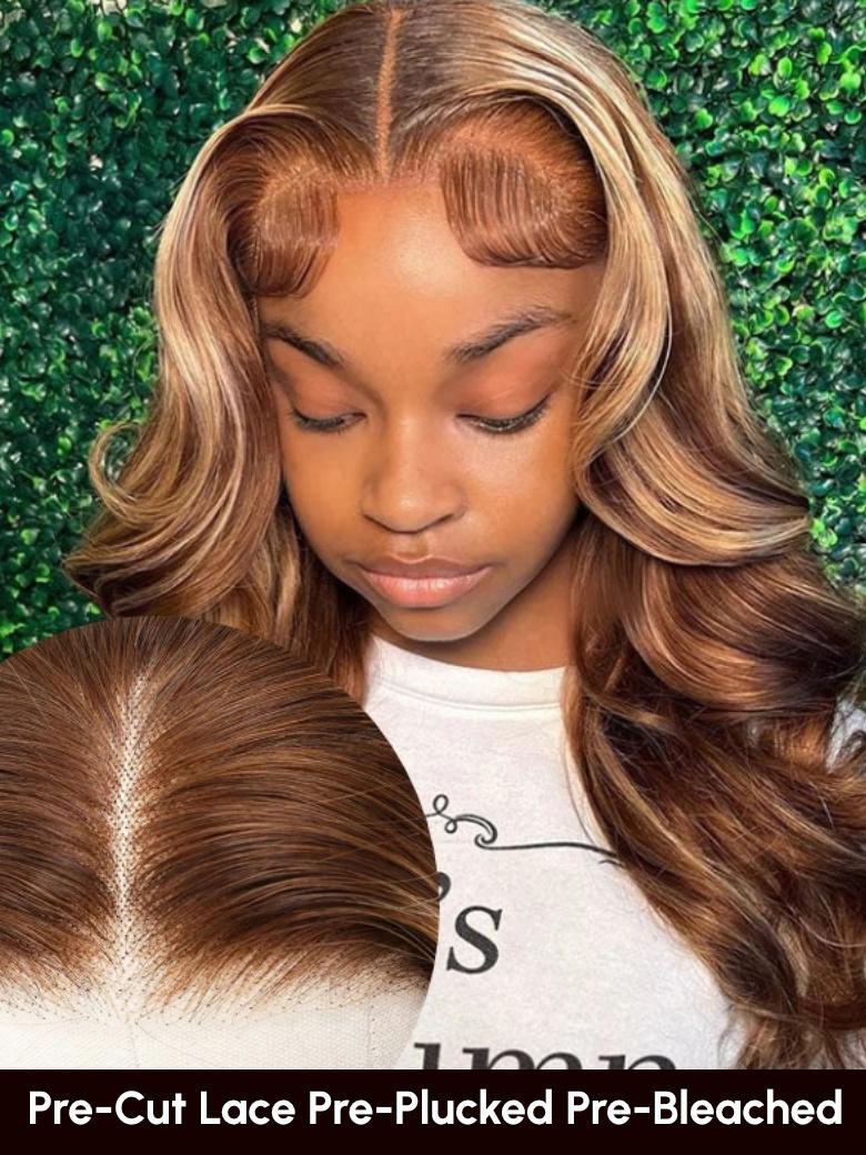 Put On And Go 6x4.5 Pre Cut Lace & 7x5 Bye Bye Knots Honey Blonde Highlights Body Wave Air Wig