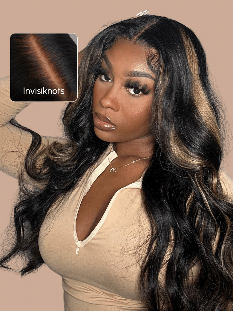 Bye Bye Knots Glueless 7x5 Lace Wig Black With Blonde Highlights 3D Body Wave Bleached Knots Wig