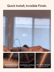 Animated image showing a wear and go glueless wig being placed on a person's head with text: 1 Min Ready To Go, Put On And Go, More Natural Finish—Pre-Plucked Hairline, No Mistakes, No Stress—Pre-Cut Lace, and More Scalp-Like Look—Pre-Bleached Knots.