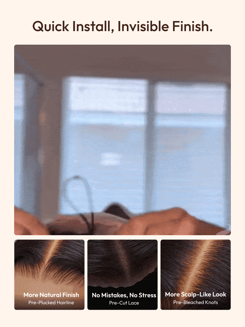 Animated image showing a wear and go glueless wig being placed on a person's head with text: 1 Min Ready To Go, Put On And Go, More Natural Finish��Pre-Plucked Hairline, No Mistakes, No Stress��Pre-Cut Lace, and More Scalp-Like Look��Pre-Bleached Knots.