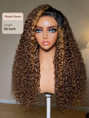 13x4 Bye Bye Slip? Lace Frontal Brown with Caramel Highlights Glueless Curly Wig with Dark Roots