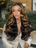 Petaluxe Bye-Bye Knots 7x5 Lace Black with Caramel Blonde Highlights Body Wave Wig
