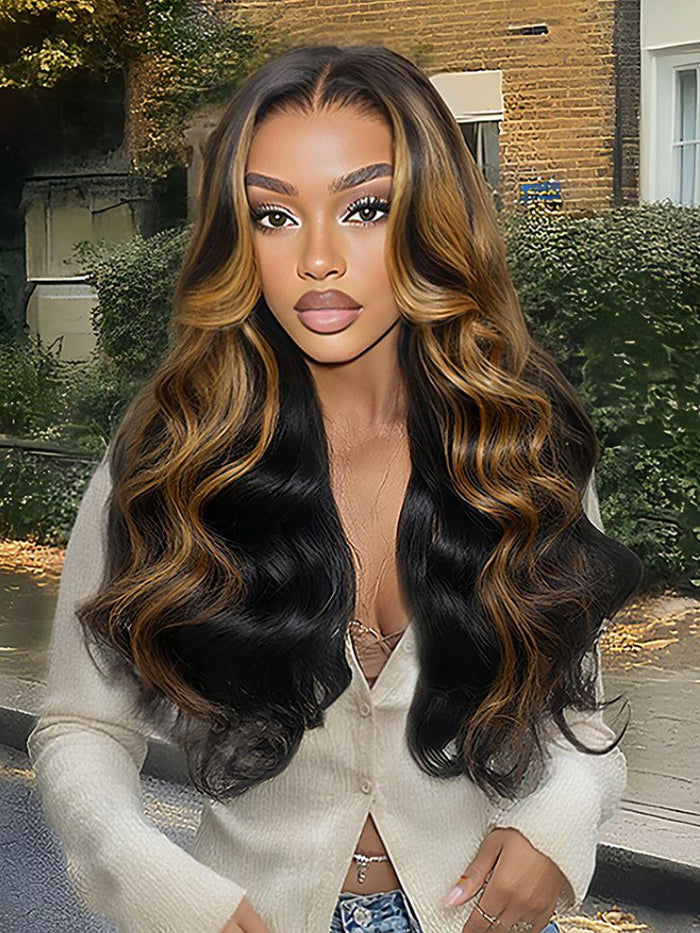 Petaluxe [From 20"] 13X6 Balayage Highlight& 7x5 Bye-Bye Knots Black with Caramel Blonde Highlights Body Wave Lace Wig With Drawstring