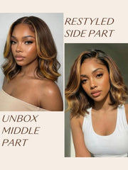 13x4 Pre-Everything? Lace Frontal Brown With Honey Blonde Face-Framing Highlights Wavy Bob Drawstring Wig