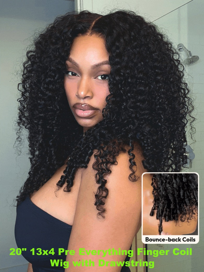 13x4 Finger Coil Wig & Beginner Friendly Kinky Straight V Part 200% Density Glueless Natural Black Wig