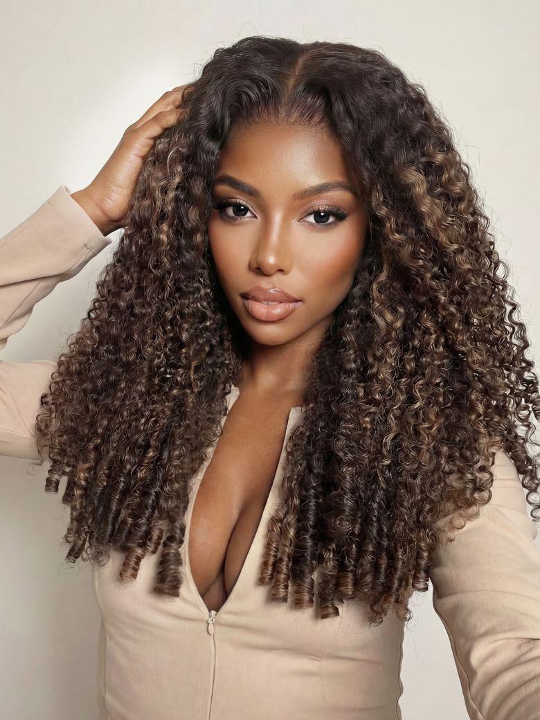 Glueless Bye-Bye Knots? 7x5 Lace Balayage Highlight Curly Wig with Defined Finger Coil Ends