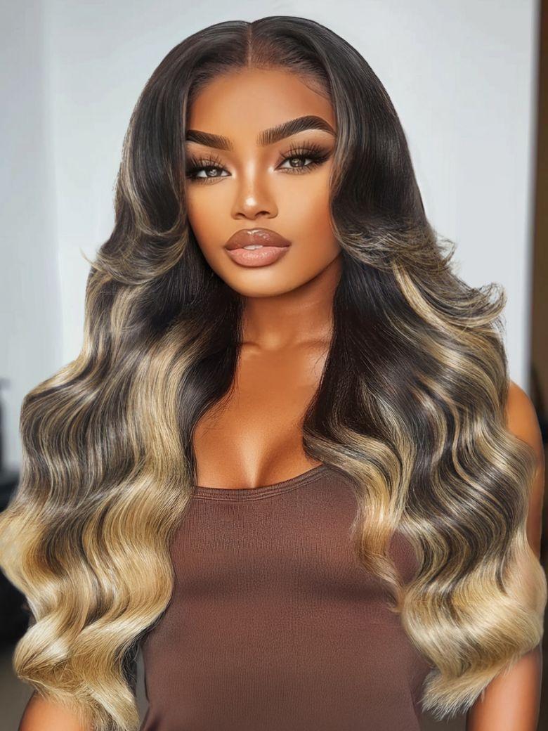 Bye-Bye Knots? Black With Blonde Highlights 7x5 Lace Loose Wave Wig With Face Framing Layers
