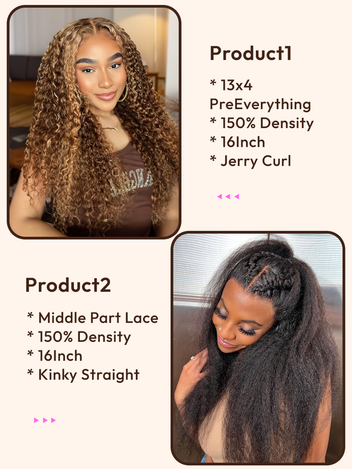 Petaluxe 2 Wigs $167 for 16" 13x4 PreEverything Lace Front Curly Wig and 16inch Middle Lace Part Kinky Straight Wig