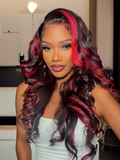 Petaluxe 13x4 Transparent Lace Front Dark Burgundy With Rose Red Highlights Loose Wave Wig