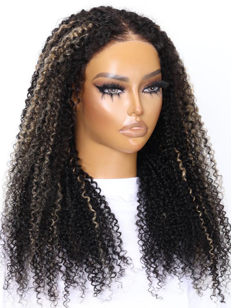 Bye Bye Knots Wig 7x5 Glueless Lace Black With Blonde Highlights Kinky Curly Bleached Knots Wig 150% Density