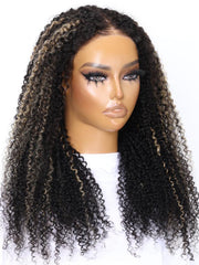 Bye Bye Knots Wig 7x5 Glueless Lace Black With Blonde Highlights Kinky Curly Bleached Knots Wig 150% Density