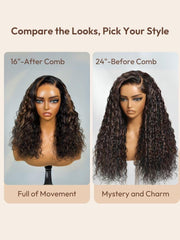 Bye-Bye Knots 7x5 Lace Water Wave Black Wig With Golden Brown Highlights & Natural Black 150% Density Perfect Beach Look for Summer