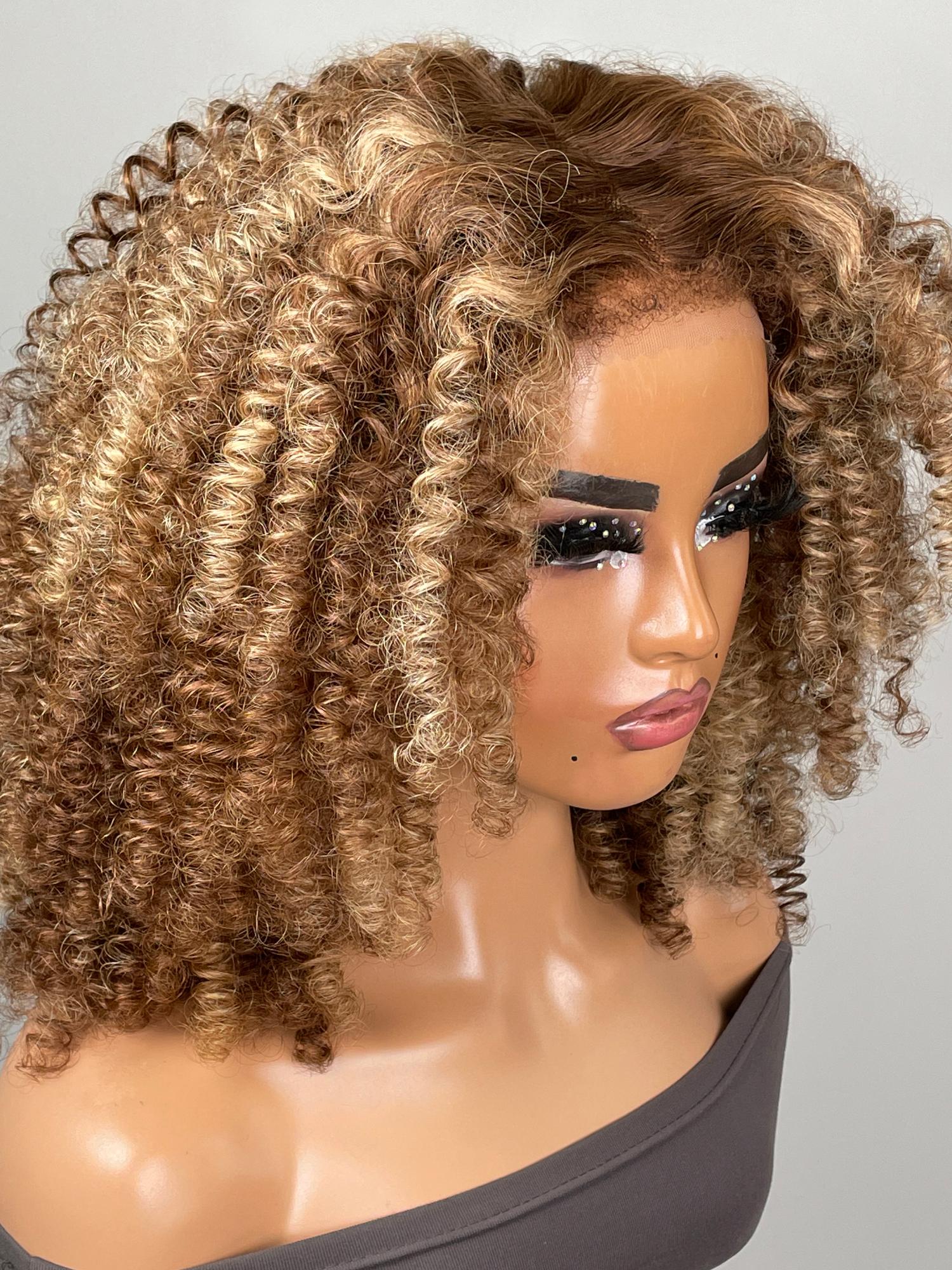 13x4 Pre-cut Lace Front Kinky Curly Honey Blonde Afro 16 Inch Shoulder Length Wig