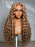 Petaluxe 7x5 Lace Bye Bye Slip™ 200% Density Honey Blonde Highlights Water Wave Wig with Invisi Drawstring