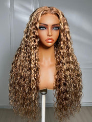 7x5 Lace Bye Bye Slip™ 200% Density Honey Blonde Highlights Water Wave Wig with Invisi Drawstring