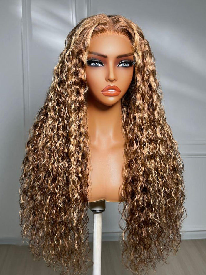 Petaluxe 7x5 Lace Bye Bye Slip™ 200% Density Honey Blonde Highlights Water Wave Wig with Invisi Drawstring