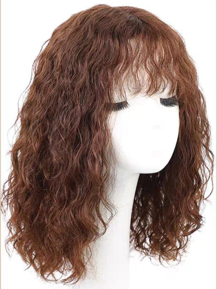 [14 Inch] Petaluxe Machine-Made & Hand-Made Natural Black Curly Bob Wig With Bangs